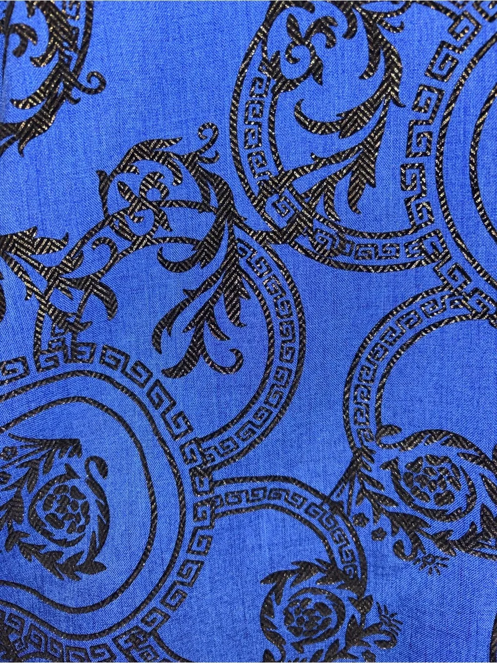 Men's Blue Long-Sleeve Button-Up Shirt with Black Medallion Print